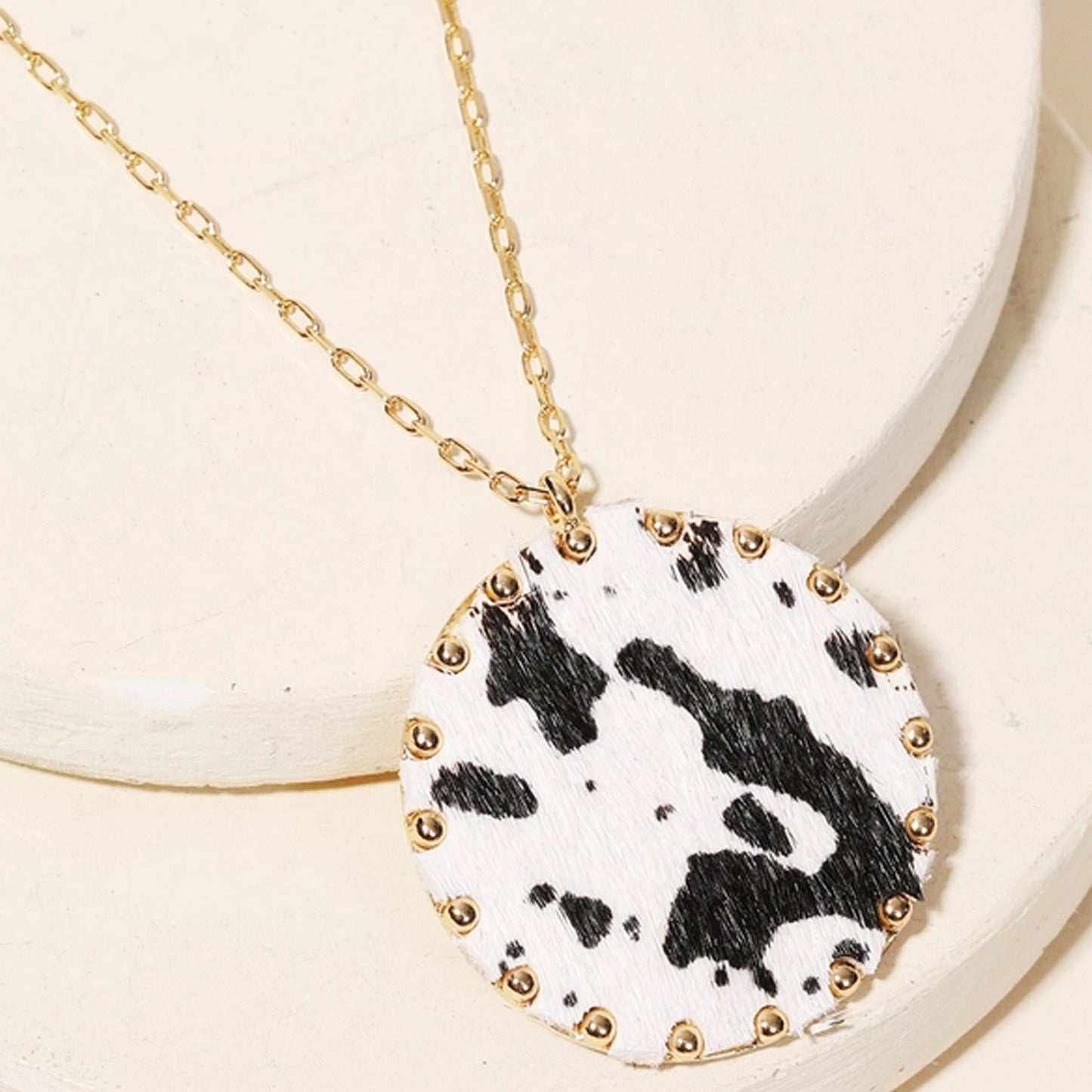 Faux Leather Cow Print Disc Necklace