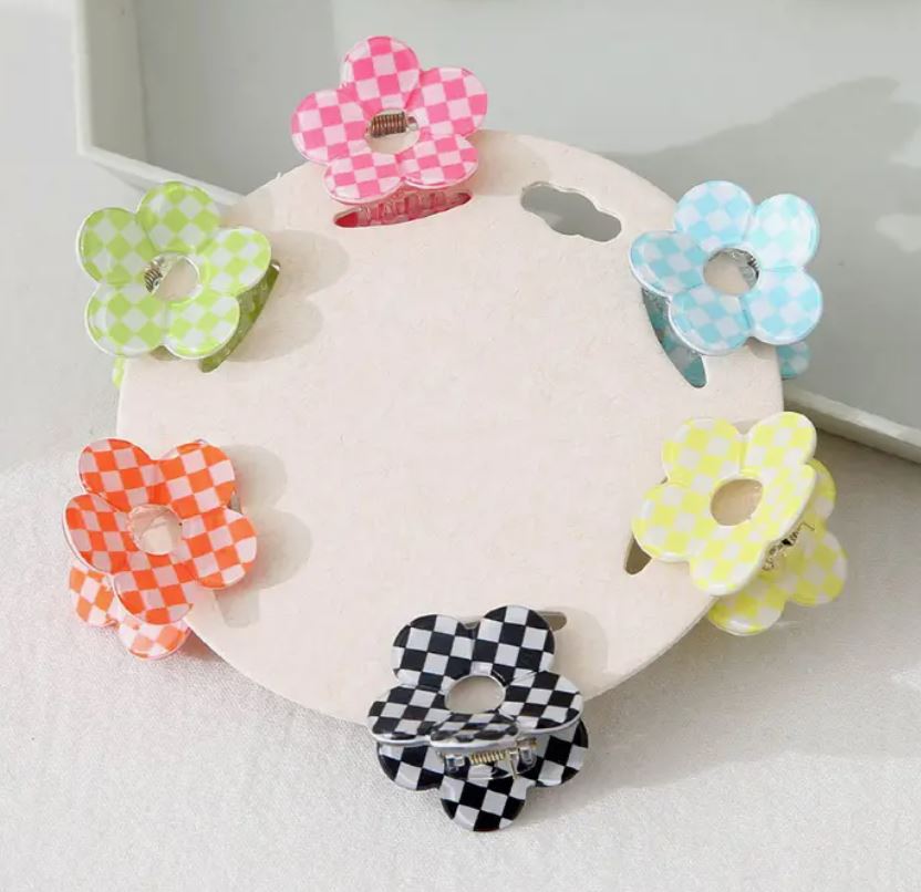 Flower Checkered Mini Hair Clips