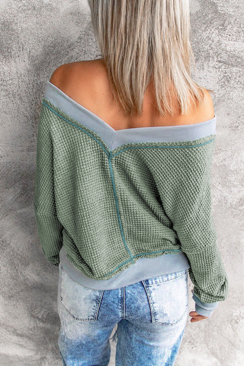 Green Waffle Knit V-Neck