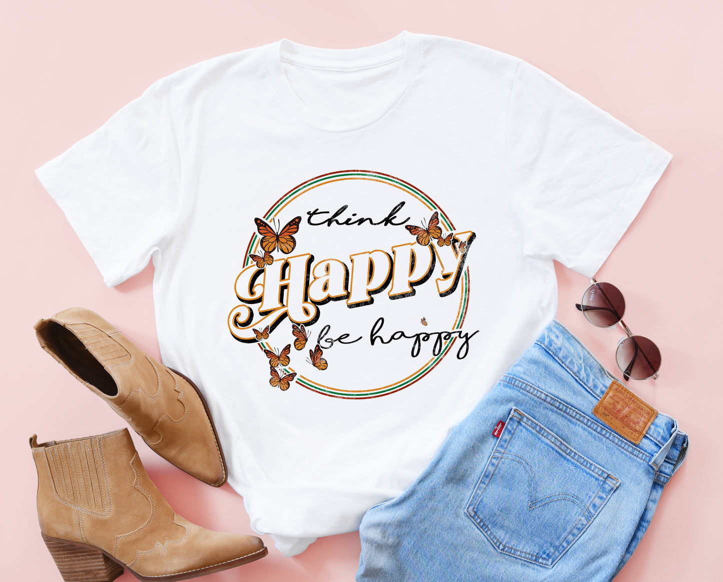 Think Happy Be Happy Butterfly Tee