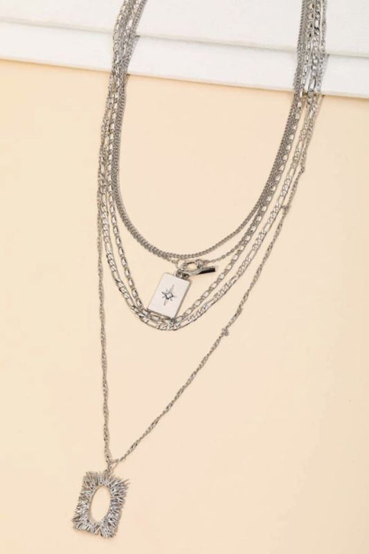 Layered Chain Textured Rectangle Pendant Necklace