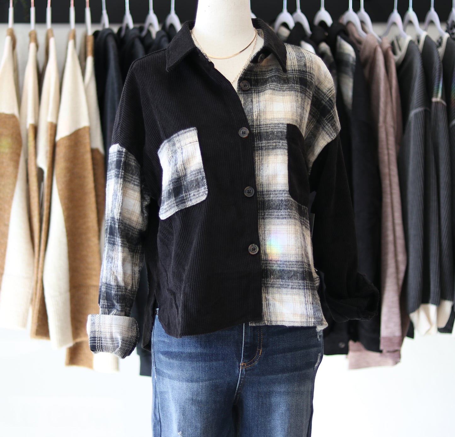Contrast Plaid Patchwork Button Up Top