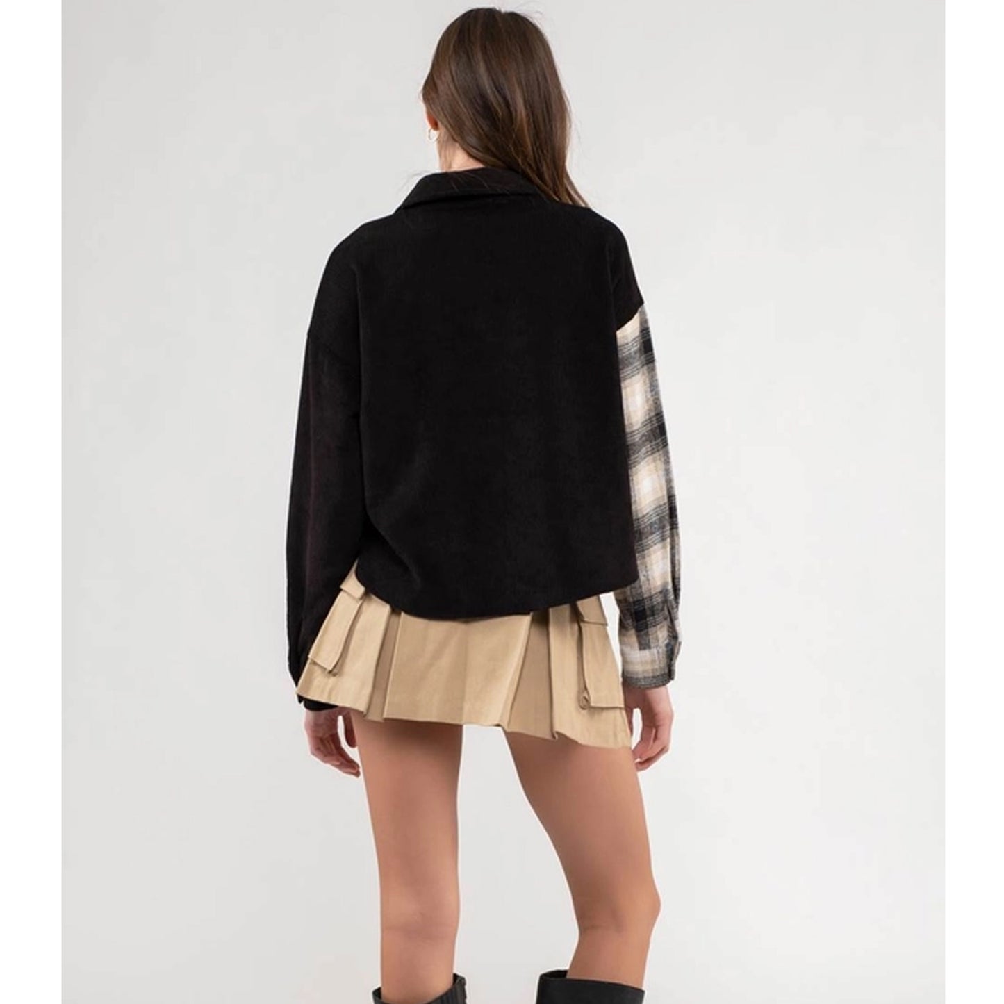 Contrast Plaid Patchwork Button Up Top