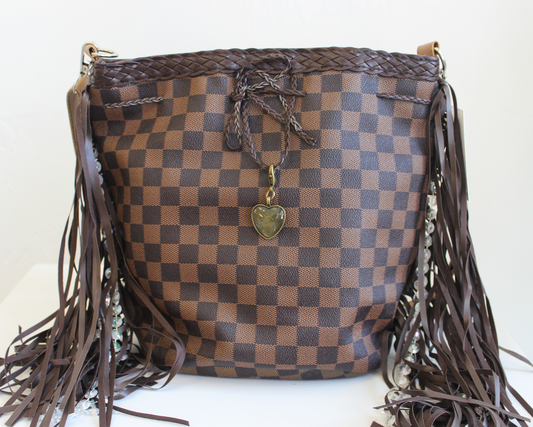 Brown Checkered Tassel Bucket Bag