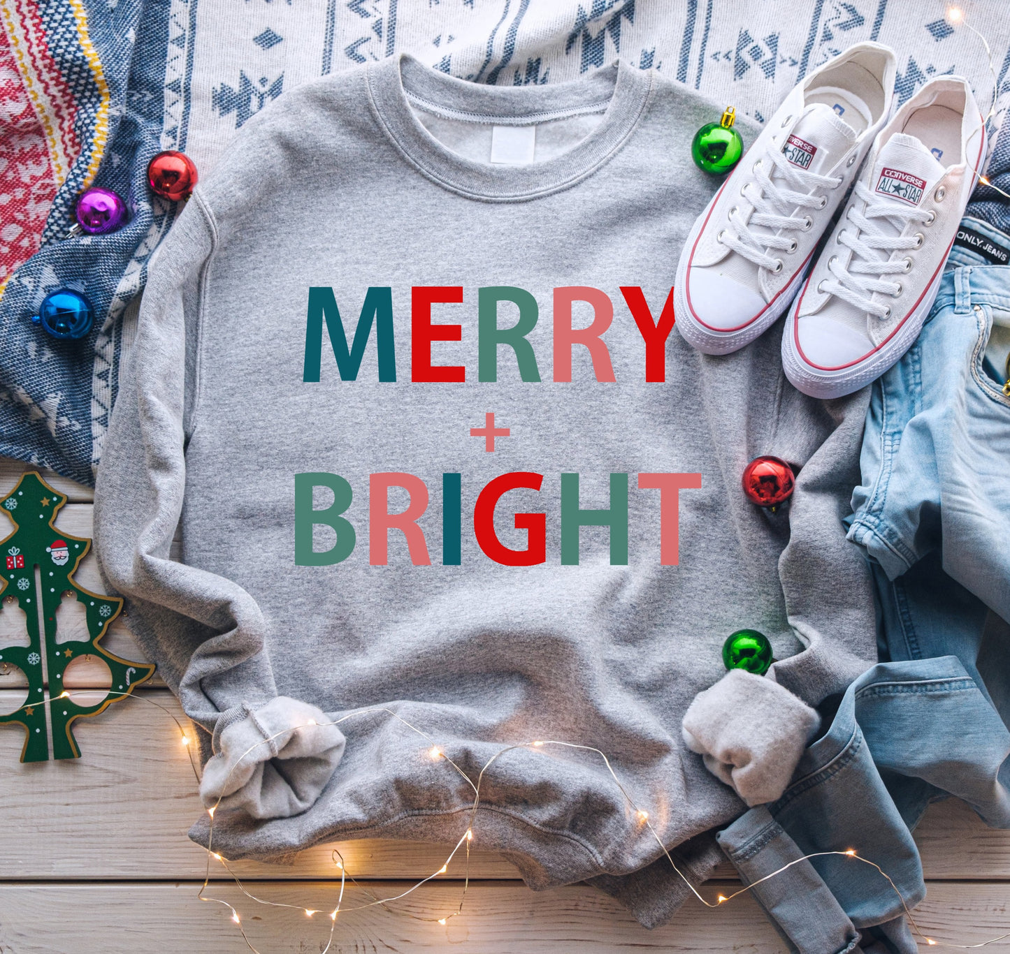 Merry + Bright Colorful Text Sweatshirt